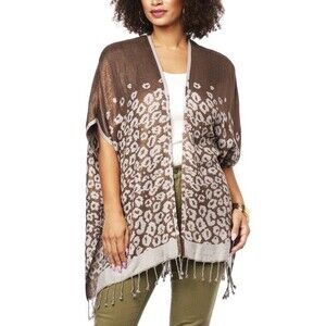 COLLEEN LOPEZ Ruana Reversible Shawl Wrap Animal Print Open Fringe M/L Topper